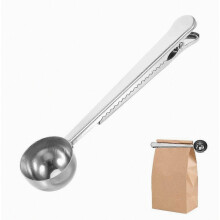 2PCS Measuring Coffee Spoon Sealing Clip, Coffee Bag Clip Stainless Steel Ground Coffee Coffee Scoop Spoon with Bag Sealing Clip
