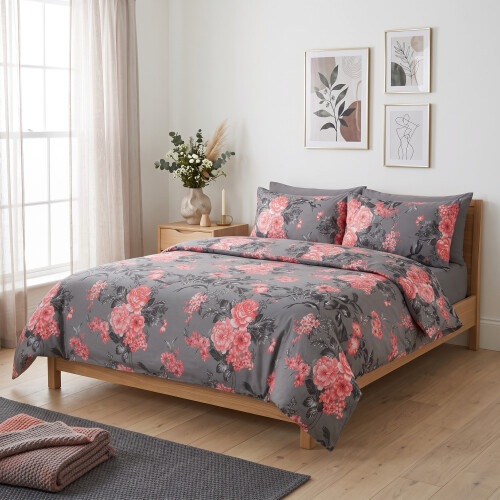 (Grey-Bouquet, Double) Reversible Duvet Quilt Cover Bedding Set With Pillow Cases Single Double King
