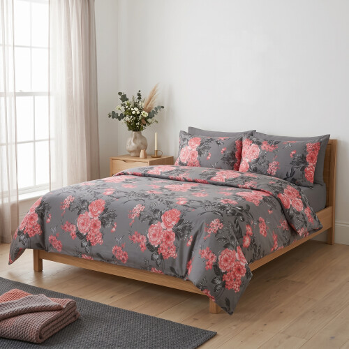 (Grey-Bouquet, Single) Reversible Duvet Quilt Cover Bedding Set With Pillow Cases Single Double King