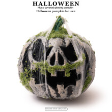 (Gray green) Halloween Mossy Spiderweb Pumpkin Lantern, Glowing Haunted House Prop, Lighted Spooky Decoration
