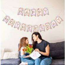 Happy 1 Set Hangende Banner Letter Design, Kleurvast, Opvallend met Bloemen, Creëert Sfeervol, Roze Paars, Happy Mother's Day_Verrassingscadeau