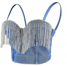 Women's Tassel Rhinestone Denim Bustier Crop Top Jean Corset Top Bra Blue_Surprise Gift