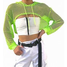 T-shirt à capuche court en résille fluo, style années 80, décontracté et sexy pour femme - Cadeau s