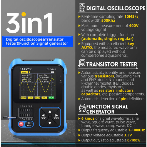 FNIRSI DSO-TC3 Digital Oscilloscope Transistor Tester Function Signal Generator 3 in 1 Multifunction Electronic Component Tester_Surprise Gift 1