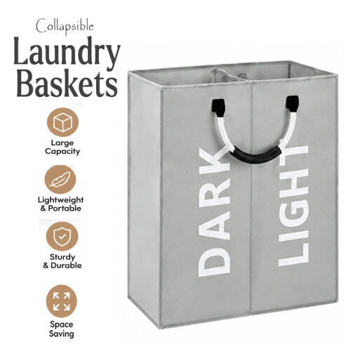 Double Basket Light Grey Large Laundry Washing Bag Basket Storage Bin Dirty Clothes Storage Handle Hamper