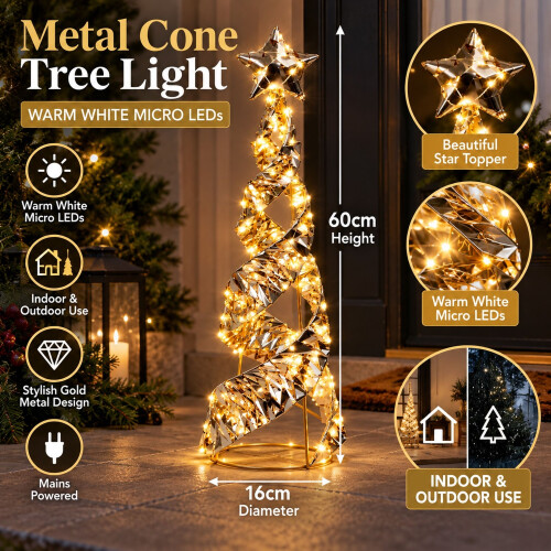 Christmas Tree Cone Light Up Pyramid Decoration Gold 60cm 1