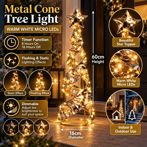 Christmas Tree Cone Light Up Pyramid Decoration Gold 60cm 2