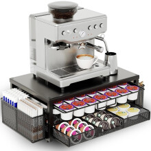 Organisateur de capsules en métal à deux niveaux avec tiroir et paniers noir — rangement café, support dosettes
