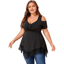 Túnica de Mujer con Hombros Descubiertos y Ribete de Encaje Negro XL — blusa tallas grandes, ropa mujer verano