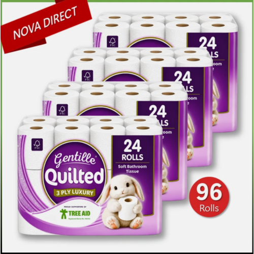 (96 Rolls (4 packs of 24)) Gentille Quilted Toilet Rolls 3ply Luxury Soft Strong Tissue