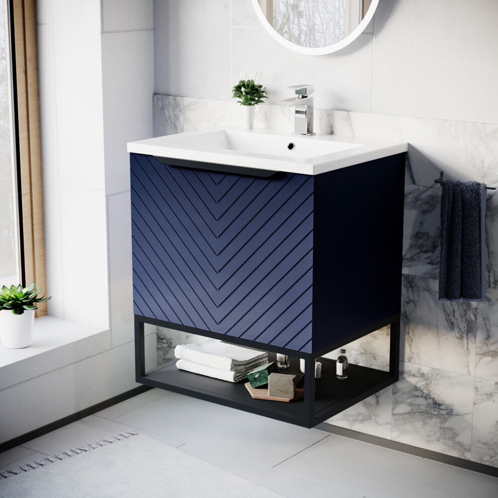 Blue 600mm Wall Hung Drawers Basin Vanity Black Frame & Handle - Image 2
