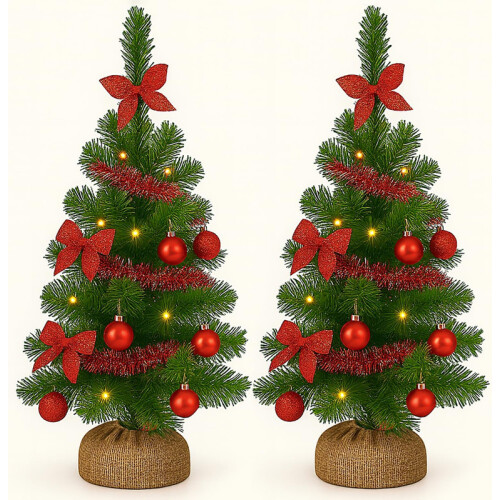 2 Pack 2FT Pre Lit Decorated Mini Trees Red