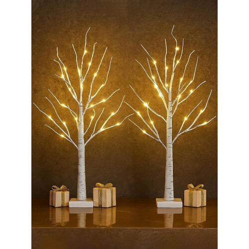 2 Pack 2FT Pre Lit Birch Twig Trees