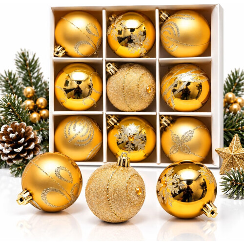 9 Piece Luxury 6cm Christmas Baubles Gold