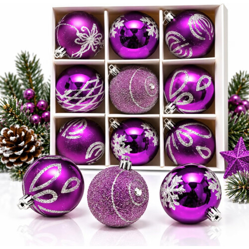 9 Piece Luxury 6cm Christmas Baubles Purple 2
