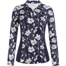 Polo de sport à manches longues pour femme motif floral bleu XL — haut tennis femme, vetement golf femme