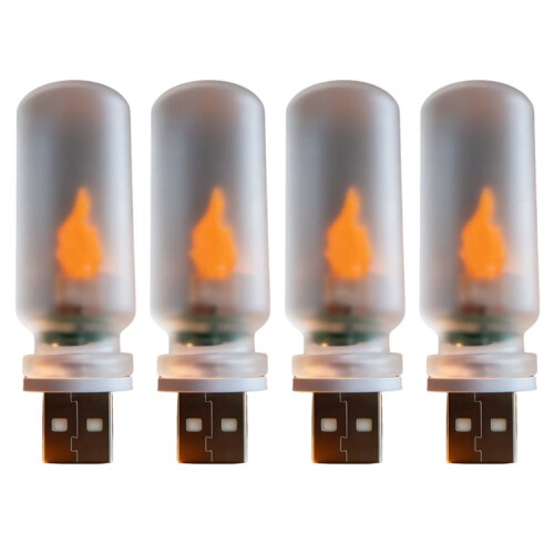 4PCS Car USB Night Light Bulb Portable LED Flame Effect Auto Atmosphere Light for Car/Bedroom/Party/Camping