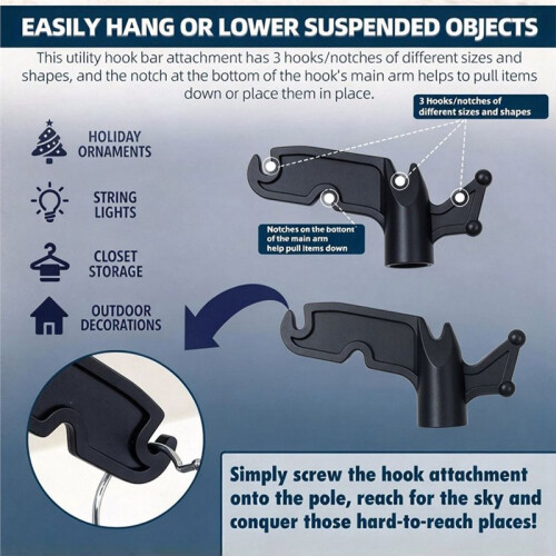 2-Pack Multi-Purpose Plastic Utility Hook Attachment for Poles-Screw- Hook 3/4" Inner Diameter Fits Threaded Poles 2