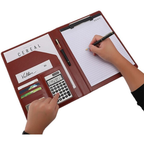 A4 Leather Portfolio Folder Magnetic Clipboard Document Organizer Brown 2