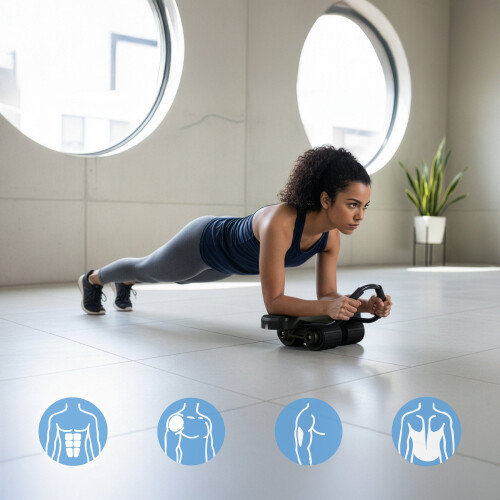 Roda de exercícios abdominais com LCD, retorno automático e suporte para celular.