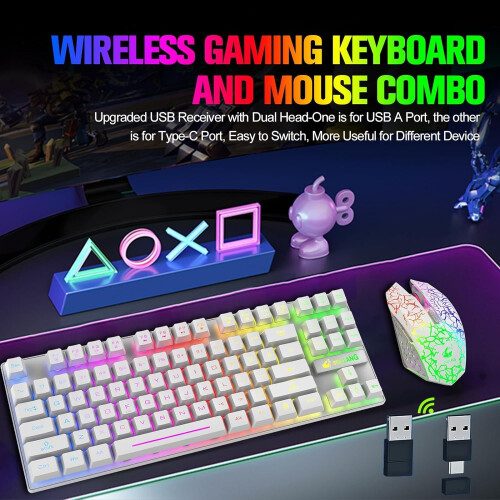 Wireless Gaming Keyboard & Mouse Rainbow Backlit Rechargeable White For PC Phone 1