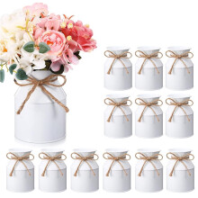 12 Pack White Galvanized Milk Can Vases, 5.12" Rustic Farmhouse Flower Buckets with Bow, Metal Jug Centerpieces