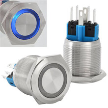 Niebieskie Światło, Pierścień LED 22 mm, 12-24 V, Resetowalny, 1NO+1NC, Metalowy, Odporny na Akty Wandalizmu, Wodoodporny, Metalowy, Przełącznik