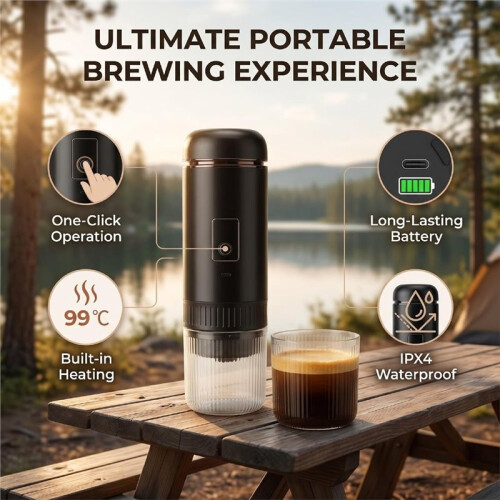 Macchina da Caffè Portatile Senza Fili con Riscaldamento, Display Digitale e Capsule per Caffè, Ideale per Escursionisti e Campeggiatori. A