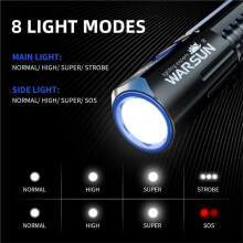 WARSUN SQ03 LED-Taschenlampe, IPX6 Wasserdicht, Wiederaufladbar, Leistungsstarker Magnet, Tragbar, Ideal zum Wandern, Camping und für Den Täglichen