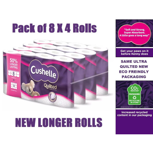Cushelle Cushelle Quilted Roll Tissue Paper Longer Extra Soft Absorbent - 32 ROLLS 8 X 4