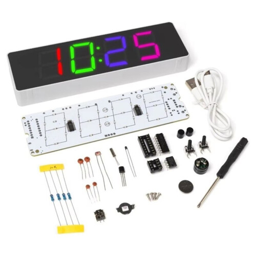 -RGB LED Digital Alarm Clock DIY Kit,Electronic Soldering Practice Module for Beginners and Hobbyists White