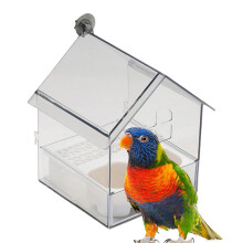 2X Bird House Feeder Parakeet Feeder Transparent Bath Tub Water Food Dish for Finchs  Patio Balcony Fence