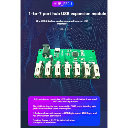 Module Hub USB 2.0 1 à 7 , Carte Répartitrice USB Alimentée, Module D'Extension USB Sept  avec Alimentation, MicroUSB 2
