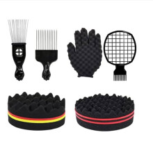 Haarschwamm-Set, Afro-Bürste, Zauberhandschuh für Locken, Metallkamm und Drehkamm zum Stylen der Haare