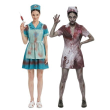(blue, L) Halloween Zombie Nurse Costume Bloody Nurse Outfit Scary Cosplay Party Dress Up