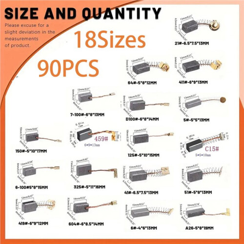 180Pcs 18 Sizes Electric Motor Carbon Brushes Replacement for Hammer Drills Circular Saws Power Tool 2