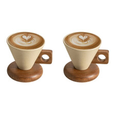 2X Ceramic Coffee Cup& Wood Base Spoon Set Retro Coffee Mug with Handle Household Exquisite Afternooon Tea Set for Woman