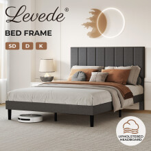 (Double) Levede Upholstered Linen Bed Frame with Padded Headboard & Wooden Slats – Dark Grey