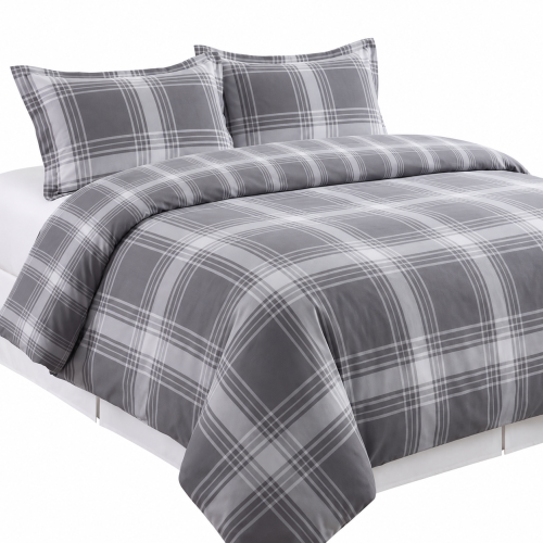 (Check-Grey, Single) Reversible Duvet Quilt Cover Bedding Set With Pillow Cases Single Double King