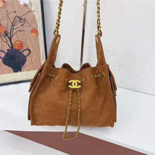 (Brown) Vintage suede drawstring bucket bag
