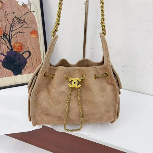(Khaki) Vintage suede drawstring bucket bag