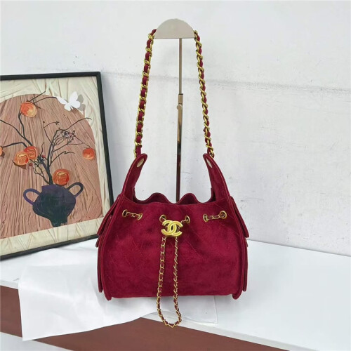 (Red) Vintage suede drawstring bucket bag