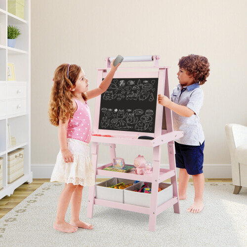 Costway Art Easel Double-sided Easel w/Magnetic Whiteboard Pink 2