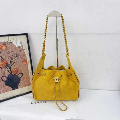 (Yellow) Vintage suede drawstring bucket bag