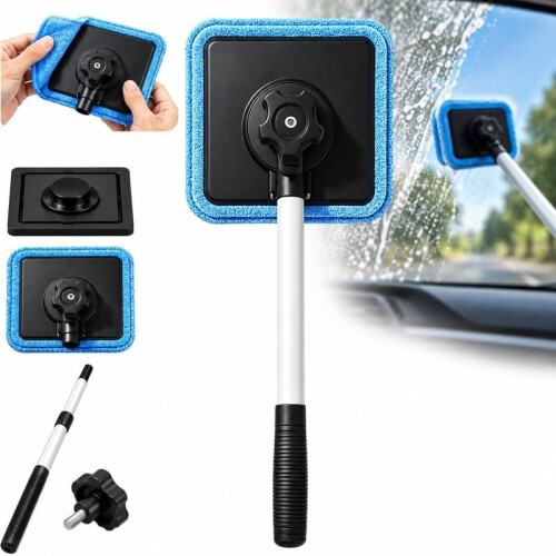 Dual Window Cleaner, Extendable Handle Microfiber Pads for Car Window Mirror Household Glass