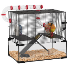 Gerbil Cage Dwarf Hamster Cage, with Deep Glass Bottom, Tunnels, Hut, Exercise Wheel, 60 x 40 x 57cm