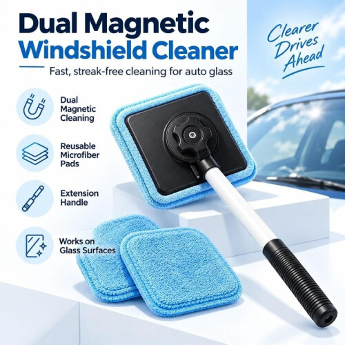 Dual Window Cleaner, Extendable Handle Microfiber Pads for Car Window Mirror Household Glass 1