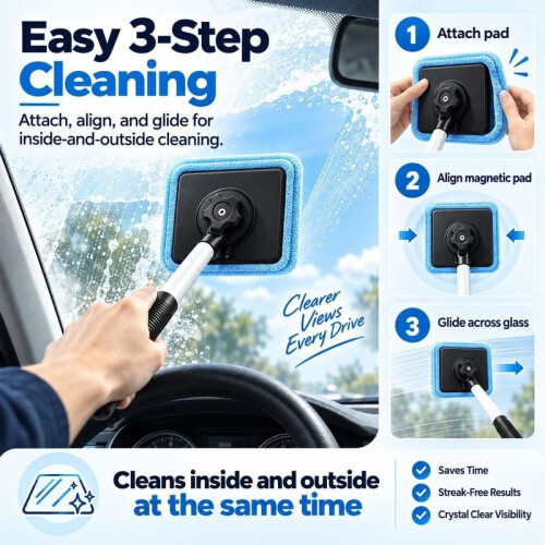 Dual Window Cleaner, Extendable Handle Microfiber Pads for Car Window Mirror Household Glass 2