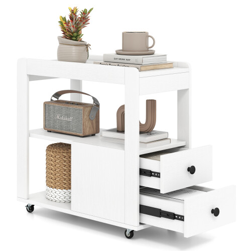 Costway White Narrow End Table Modern 2-Drawer Bedside Table w/Open Shelves