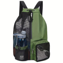 (Green) Mesh Drawstring Swim Bag Backpack with Wet Pocket, Multipurpose Beach Gym Workout Gear Bag